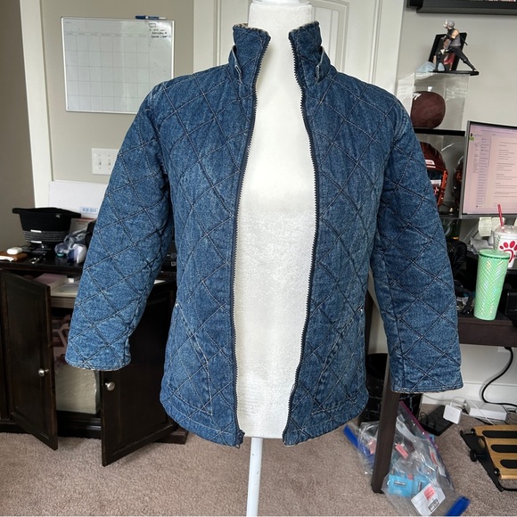 KC Collections Denim Blue Quilted Jacket Leopard Print Lining Zip Up Size 6X - Picture 5 of 11